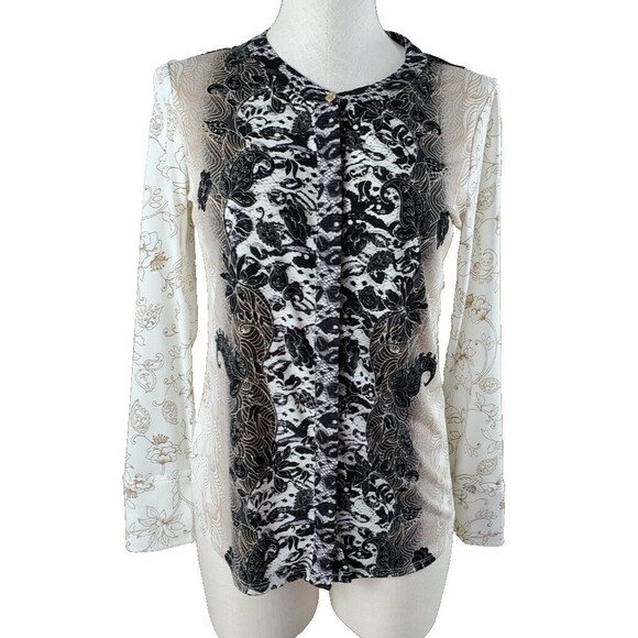 Dana Buchman Tops - Dana Buchman Womens Black Beige Floral Knit Top Size S Boho Chic Career
